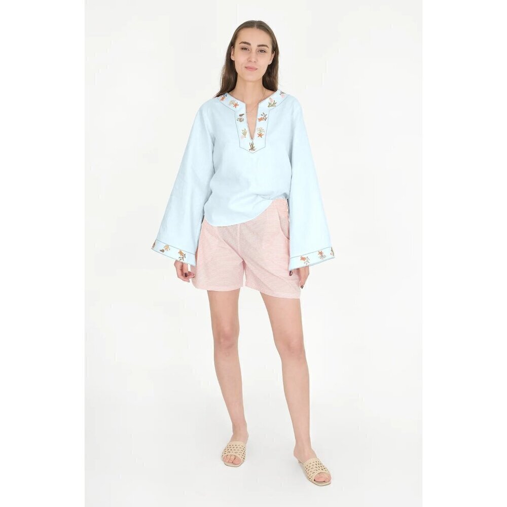 Fanm Mon Justina Linen Embroidered Ocean Blouse Light Blue Womens Size Small